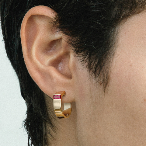 5mm Braga Earrings with baguette-cut natural red ruby Designer Hoop in 14k Yellow White Rose Gold set with unique precious gemstones By SHW Fine Jewelry NYC