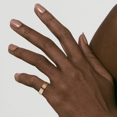 Minimal Braga Ring with baguette-cut ruby  wedding engagement band in recycled 14ky yellow gold made in NYC by SHW fine Jewelry