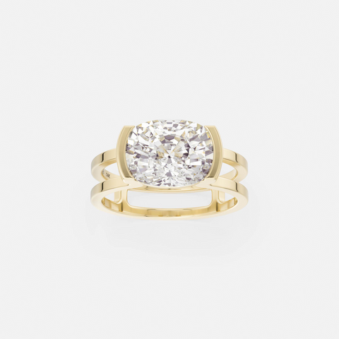14k yellow gold engagement ring with 3 carat east-west cushion cut diamond in partial bezel double band setting