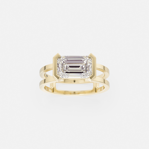 14k yellow gold 1.75 carat east-west emerald-cut diamond engagement ring with double band and tapering partial bezel