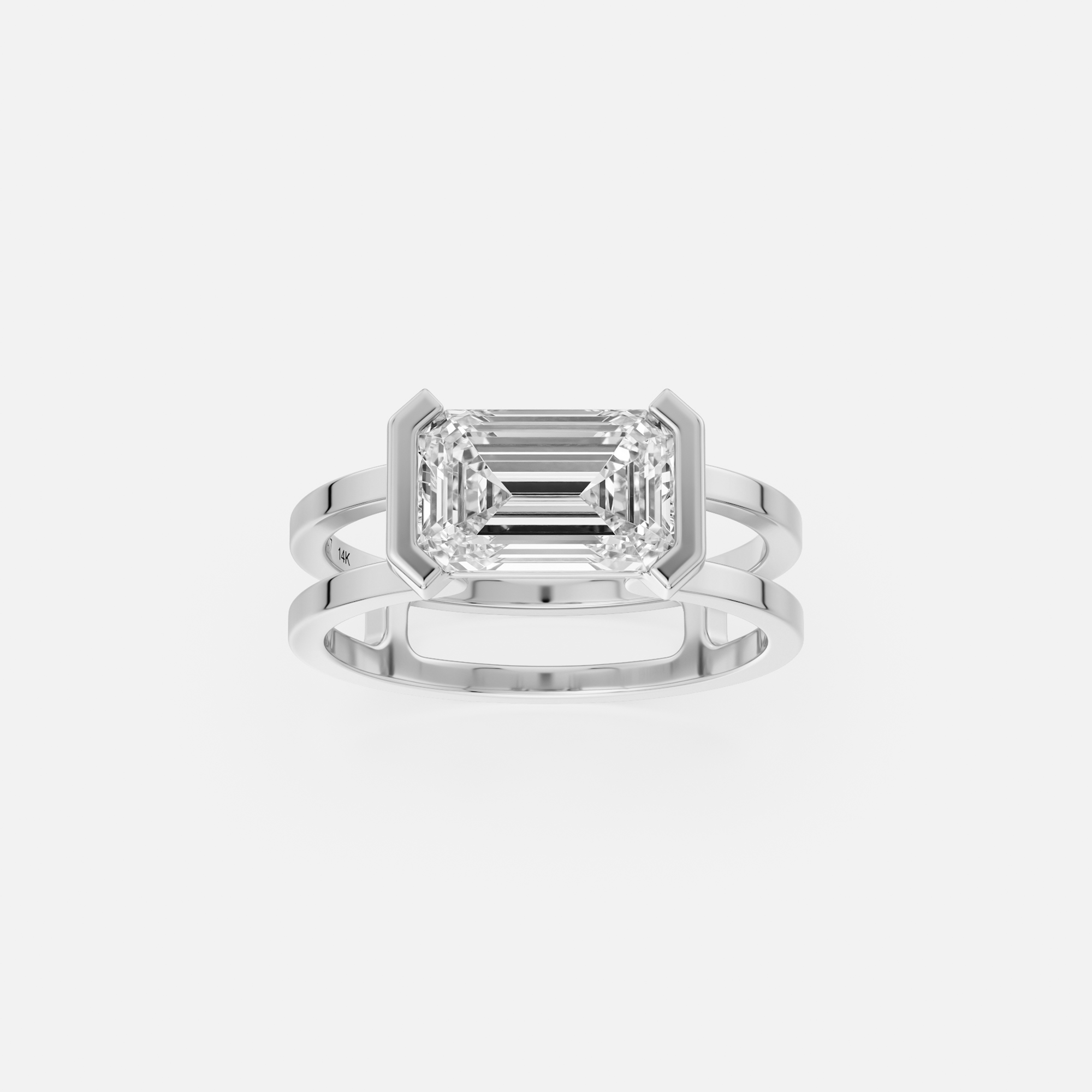 platinum 1.75 ct east-west emerald diamond engagement ring with double band and open bezel