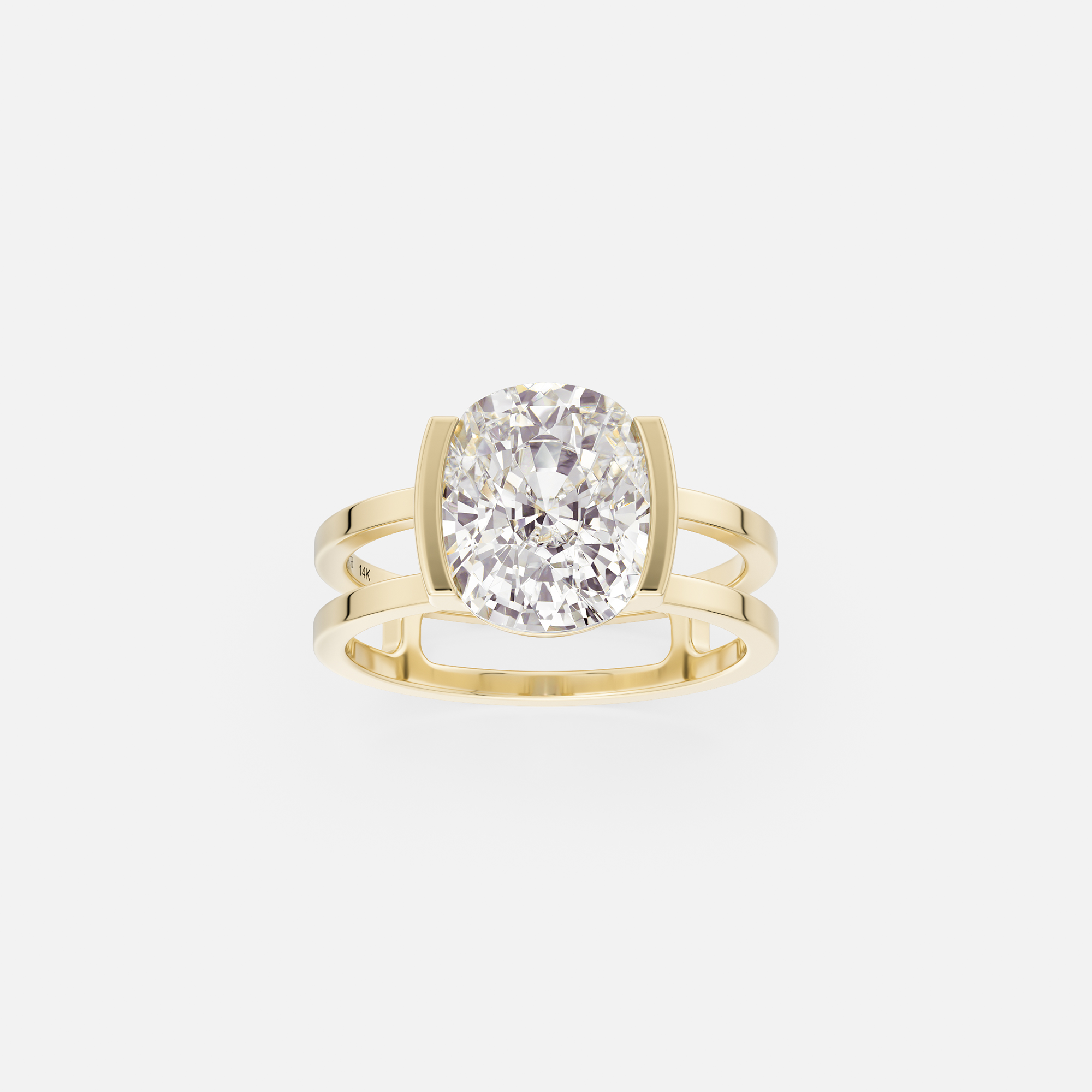 14k yellow gold 3.00 carat elongated cushion diamond engagement ring with double band and tapering partial bezel