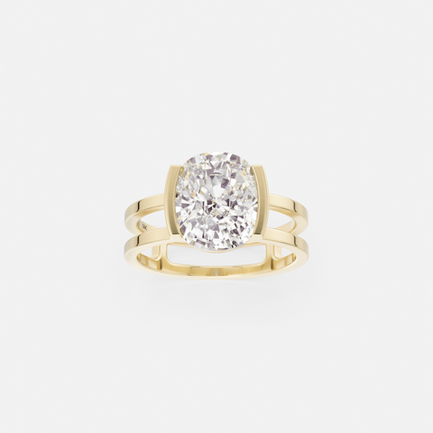 14k yellow gold 3.00 carat elongated cushion diamond engagement ring with double band and tapering partial bezel