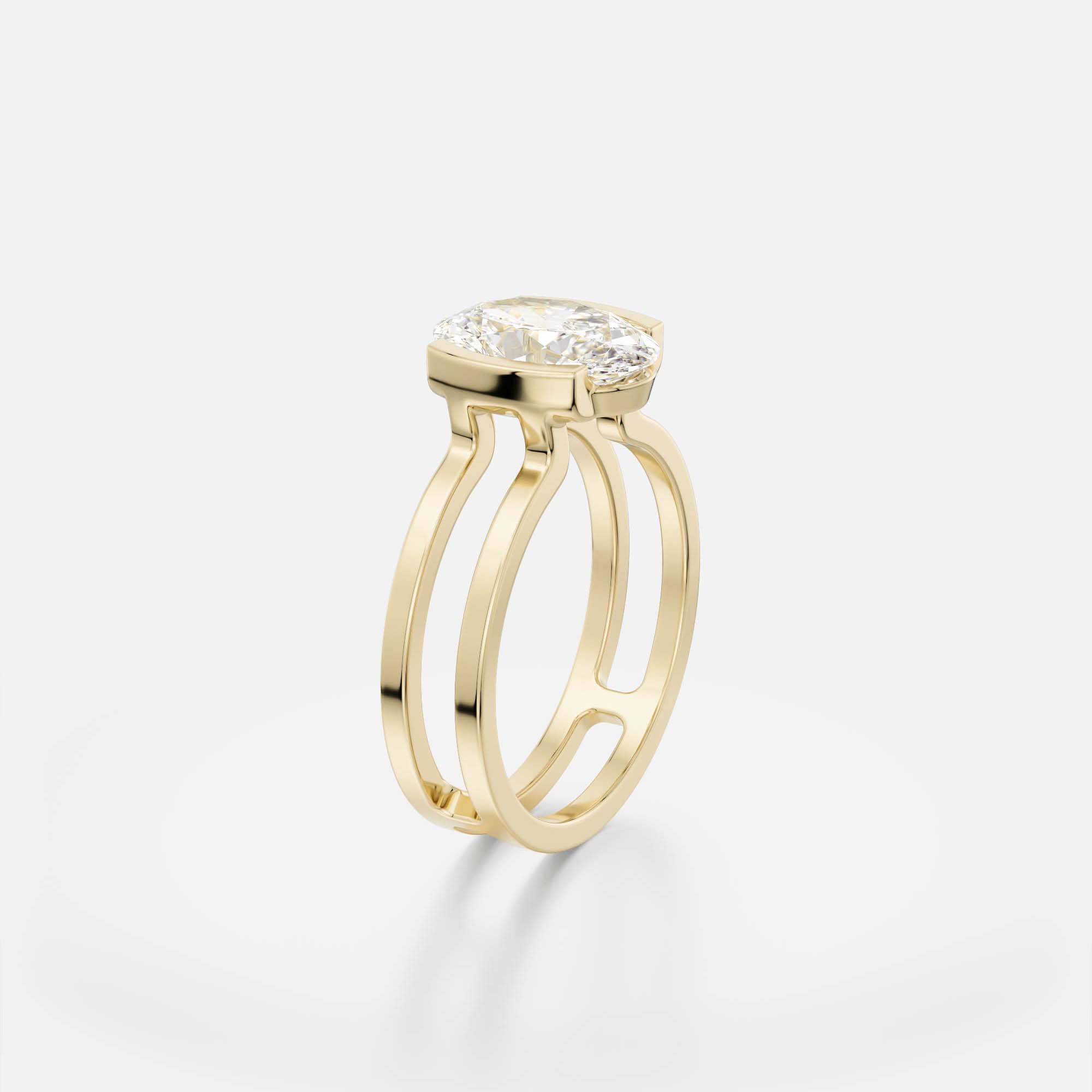 2 ct elongated oval diamond engagement ring with double band and modern partial bezel showing exposed sides