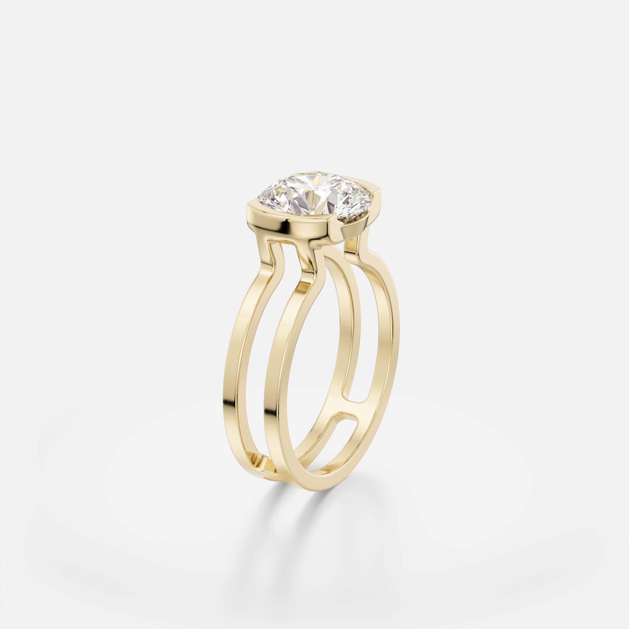 2.5 ct round brilliant diamond engagement ring with modern double band and tapered partial bezel showing exposed diamond sides