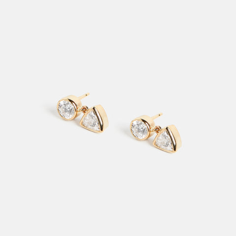 Unique dangle stud earrings with round and triangle lab-grown white diamonds in solid 14k or 18k gold by SHW famous fine jewelry store NYC