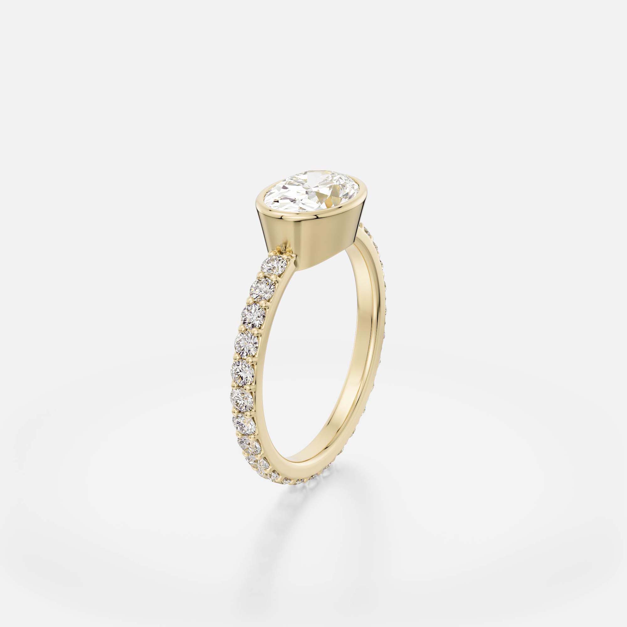 Tulpe oval diamond bezel pavé engagement ring angled side view