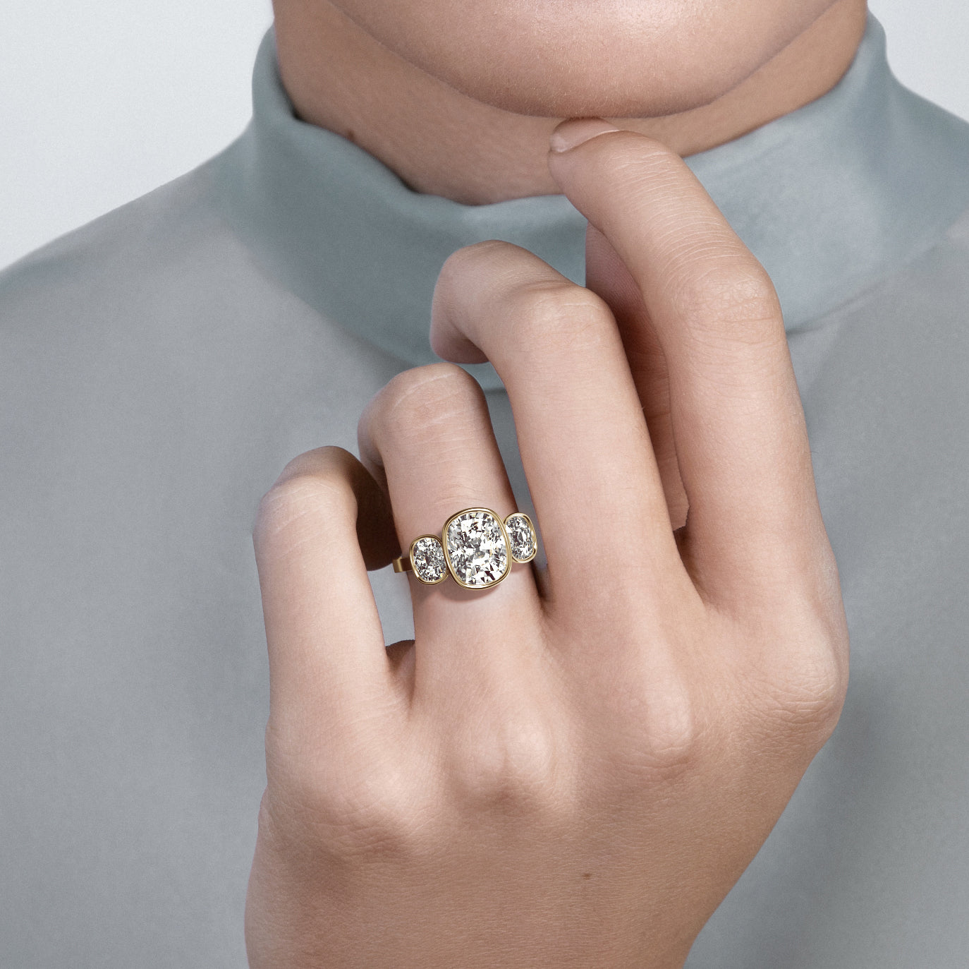 Unique Stackable Three stone Bezel Engagement Ring Cushion-cut lab Canada diamonds in 14 karat 18 karat gold by SHW best fine jewelry stores