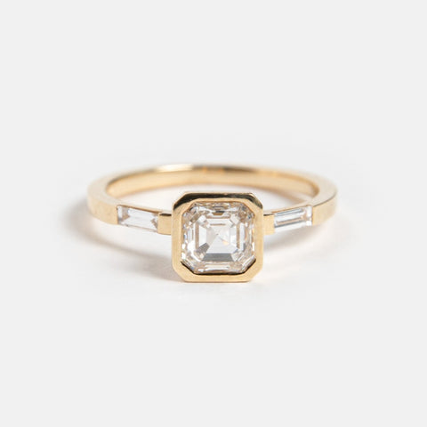 Minimalist Three Stone Engagement Ring 1 carat Asscher Square Emerald Bagguete Cut Lab made Diamond 14k yellow gold by SHW Fine Jewelry NYC