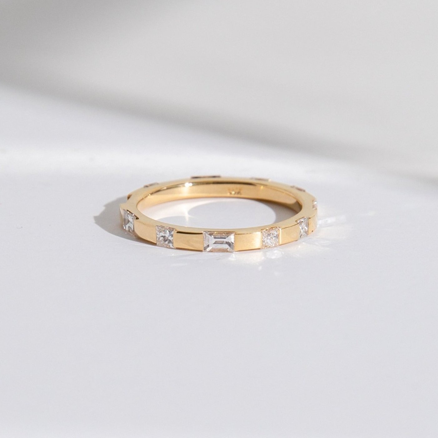 Modern Wedding Ring with Eternity of Princess and Baguette cut Diamonds set to edge in Solid 14 karat gold by SHW fine jewelry shop NYC
