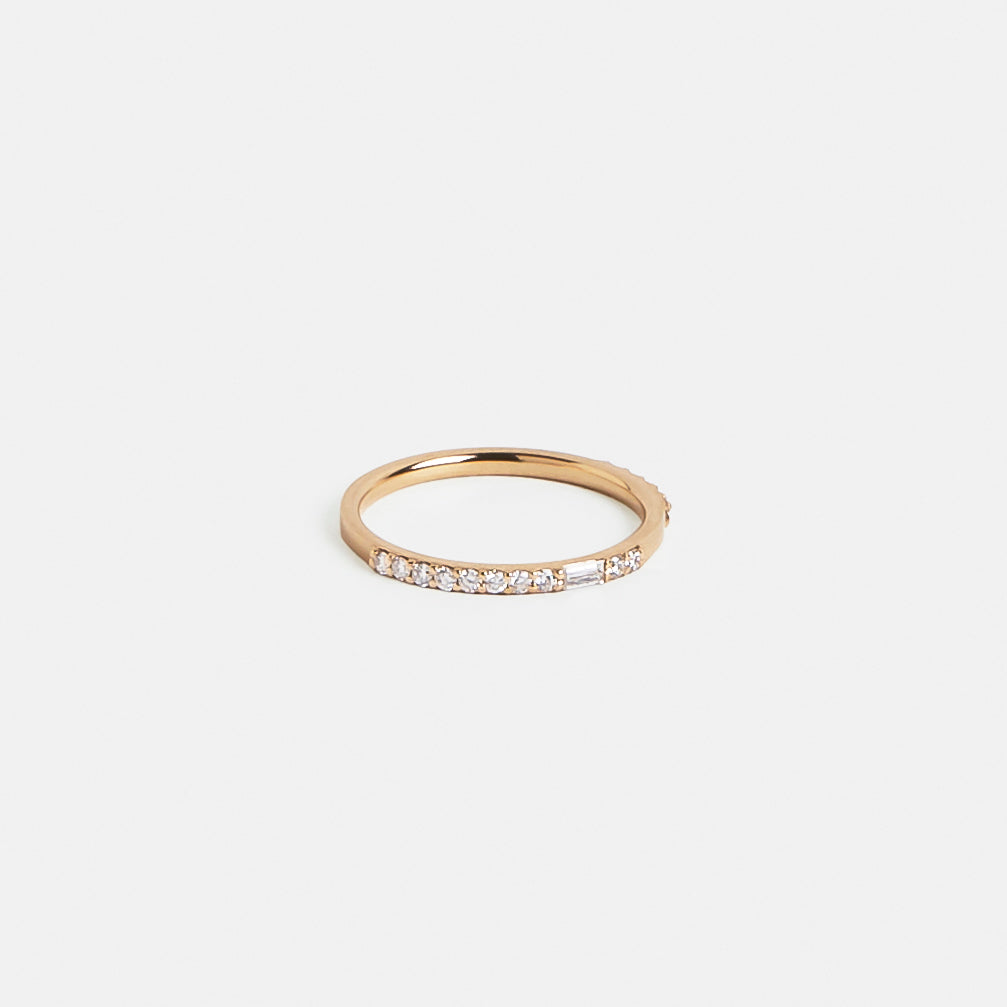 Minimalist Thin Unisex Wedding Band with Assymetircal rows of baguette and round diamonds in solid 14k, 18k gold by SHW fine jewelry in NYC