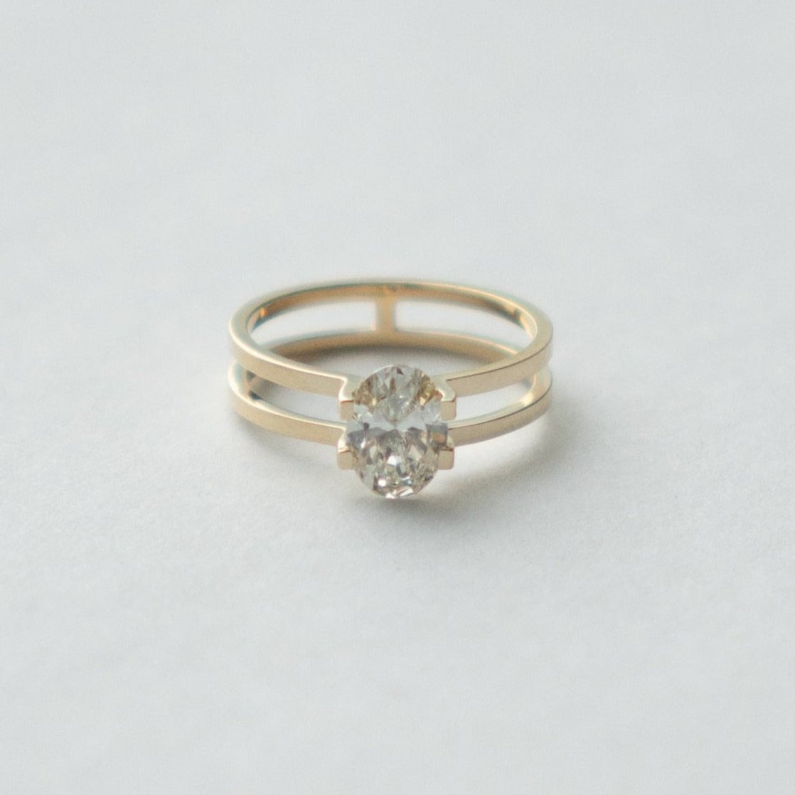 Unique Double Band Engagement Ring one carat lab manufactured oval diamond in 14k yellow gold by SHW best fine jewelry stores in NYC