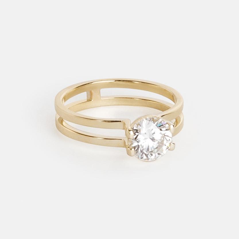 Minimalist Double-band Engagement Ring with 1ct laboratory Round diamond in 14 karat yellow gold by SHW famous fine jewelry stores in NYC