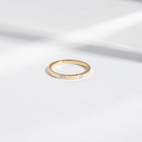 Minimalist Delicate Wedding Ring with Princess and Baguette cut Diamonds set to edge in Solid 14 karat gold by SHW fine jewelry shop NYC