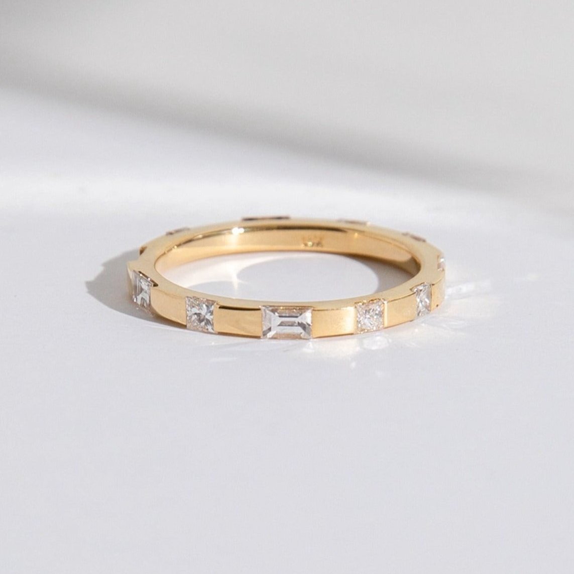 Unique Womens Wedding Band with Princess and Baguette Cut Diamond Eternity in solid 14k yellow gold by SHW best fine jewelry store in NYC